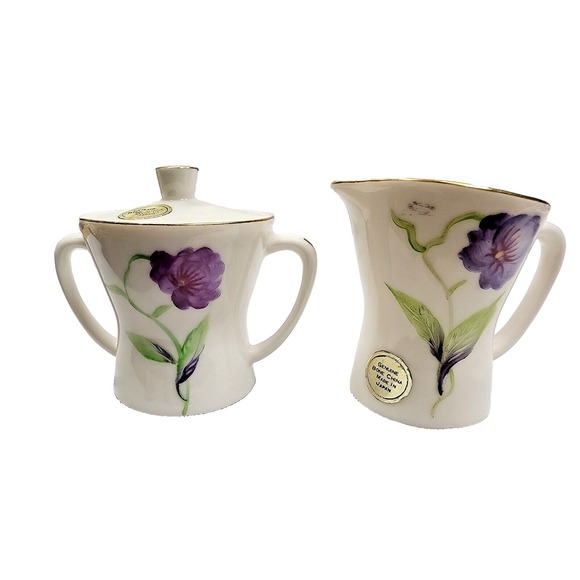 Vintage Enesco Small Iris Flower Bone China Cream and Sugar Set MCM - Picture 1 of 5